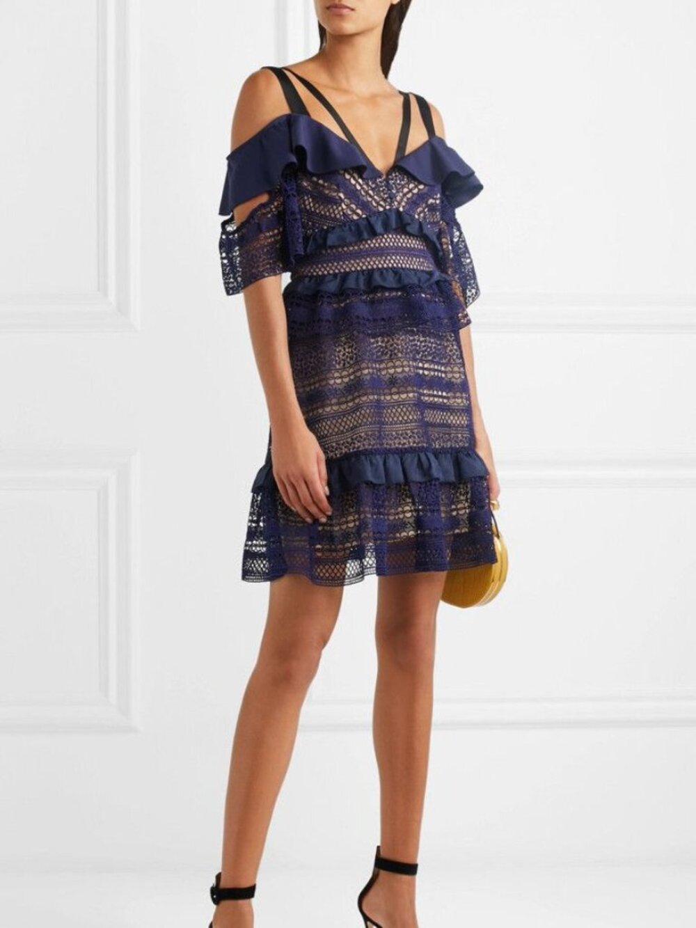NWT Self-Portrait Navy Striped Panelled Lace Mini Dress US 6 UK 10